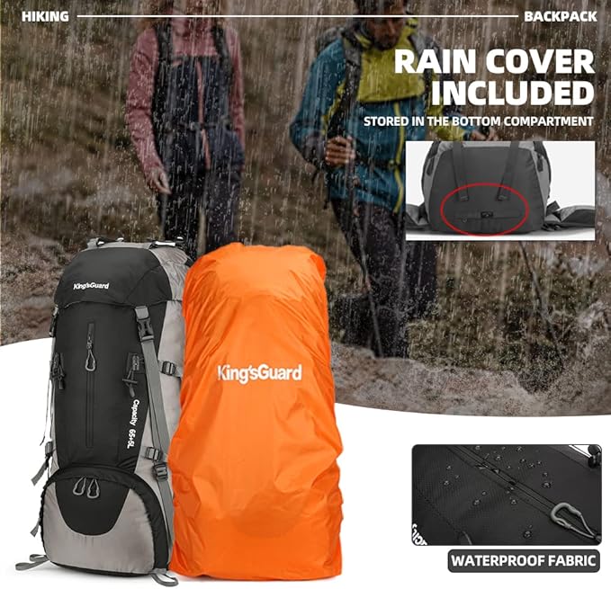 King'sGuard 70L Hiking Backpack with Rain Cover Lightweight Waterproof Travel Camping Backpack Large Backpacking Pack
