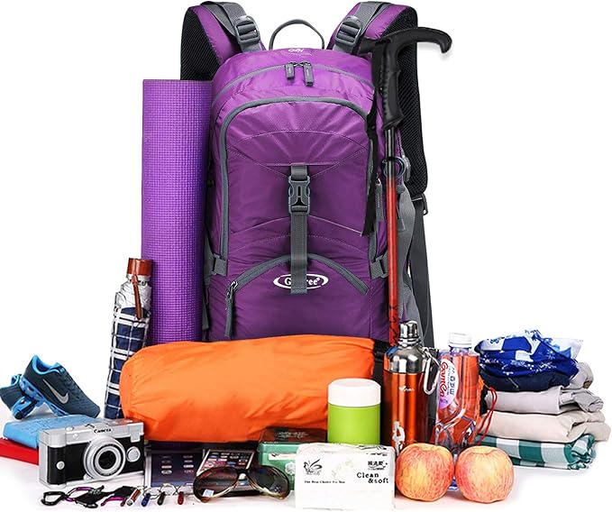 G4Free 45L Hiking Travel Backpack Waterproof with Rain Cover, Outdoor Camping Daypack for Men Women(Purple Red)