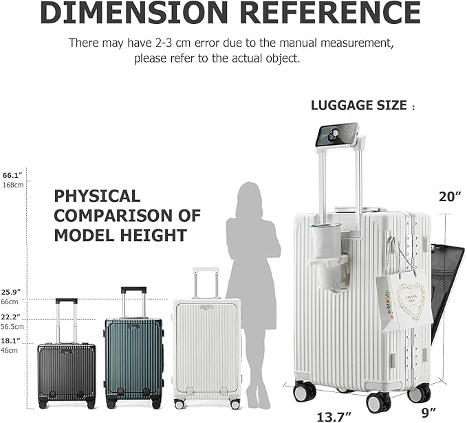 feilario 20in Aluminium Frame PC Hard Shell Spinner Wheels Luggage, Built-In TSA lock Carry on Suitcase, with Cup Holder, USB Port, Phone Holder