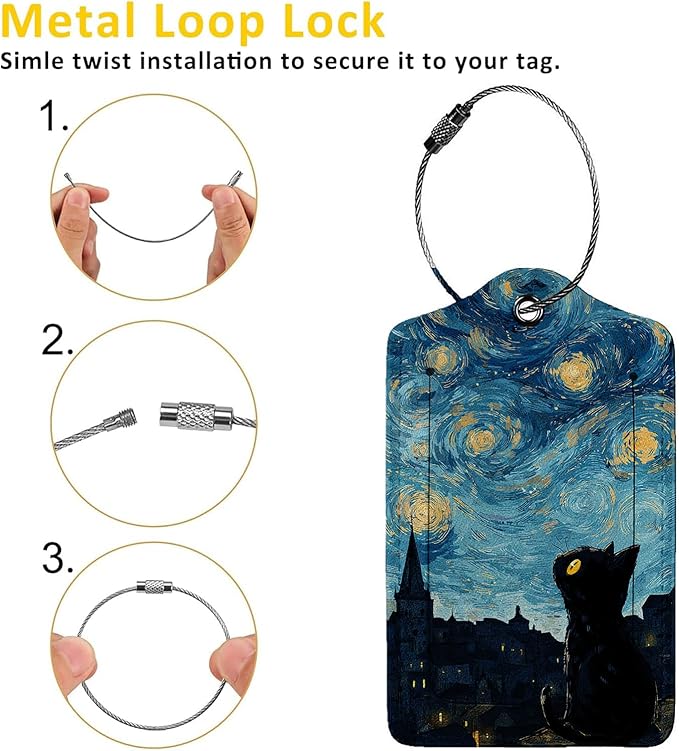 Black Cat Starry Night 3 Pack Luggage Tags for Suitcases, PU Leather Baggage Suitcases Tag Name ID Label Privacy Cover Travel Bag Tags for Women Men Boys Girls