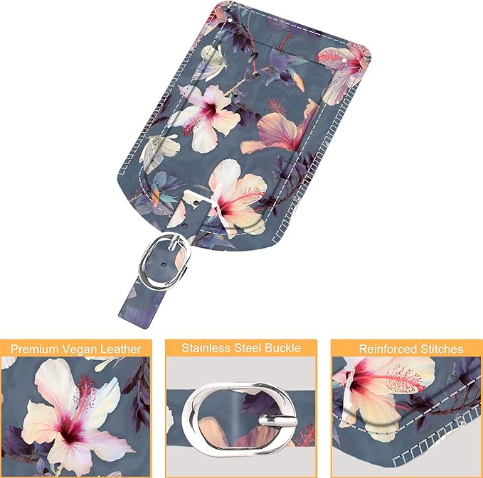 FINTIE 2 Pack Luggage Tags, Leather Name ID Labels with Privacy Cover for Travel Bag Suitcase, Theme - Blooming Hibiscus