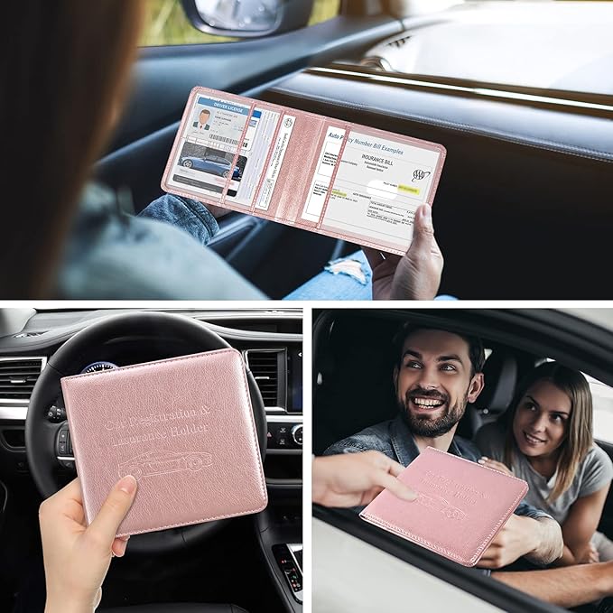 DMLuna Car Registration and Insurance Holder, Folio Leather Vehicle Card Document Glove Box Organizer, Auto Truck Compartment Accessories for Essential Information, Driver License Cards, Rose Gold