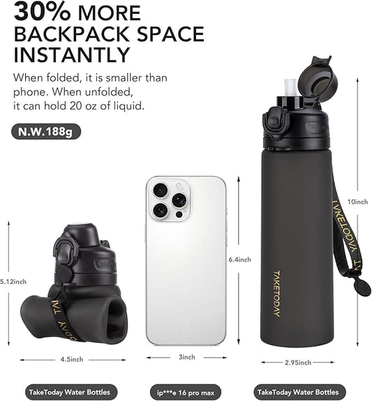 TakeToday Collapsible Water Bottles 20oz, Leak Proof, BPA-Free, Foldable Silicone Travel Water Bottle with Straw Strap for Cycling, Hiking, Outdoors