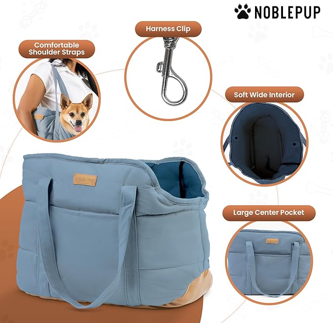 NoblePup Plush Dog Purse Carrier for Small Dogs, Soft Dog Tote Bag with Safety Harness Clip, Cozy Pet Carrier for Dogs Under 15 lbs, Comfortable Dog Shoulder Carrier for Travel, Light Blue
