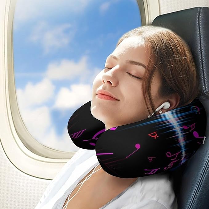 Soft Memory Foam Travel Pillow Chin Support Colorful Music Notes, Removable Washable Cover for Airplane Car Home Office Nap