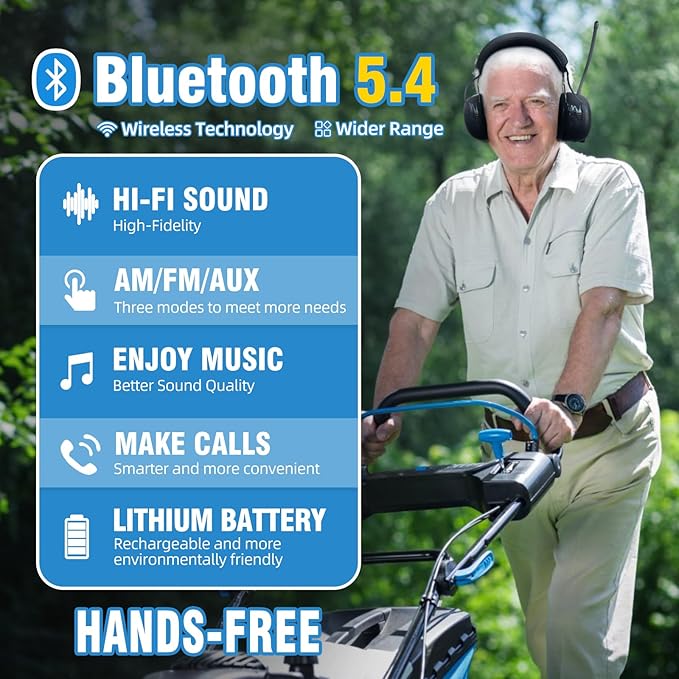 ZOHAN 033 Bluetooth AM/FM Radio Headphones with 2000mAh Rechargeable Battery,25dB NRR Noise Reduction Safety Earmuffs