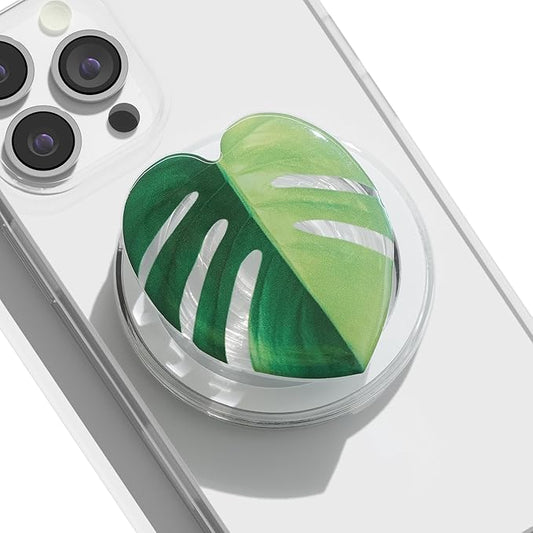 OnTheGrip Compatible with Magsafe Magnetic Cute Acrylic Tropical Leaf Design Collapsible Mobile Phone Grip Stand Holder for Smartphone Tablet Cell Phone Accessory (Aurea Monsera)