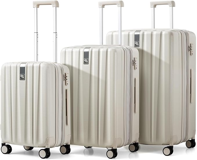 Hanke Expandable Hardshell Luggage Sets 3 piece Carry on Luggage with Wheels Suitcases Lightweight Checked Travel Luggage Rolling Large Suitcase Travel Luggage Bag Woman Men 20/24/29 Inch(Ivory White)