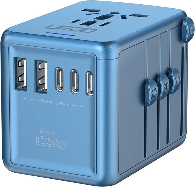 Universal Travel Adapter Offers 6.0A 3X 3.0A USB-C Ports, 2X 2.4A USB-A Ports and 2500W Multi AC Outlet, International Power Plug Adapter Worldwide Travel Charger for EU USA UK AUS (Blue)