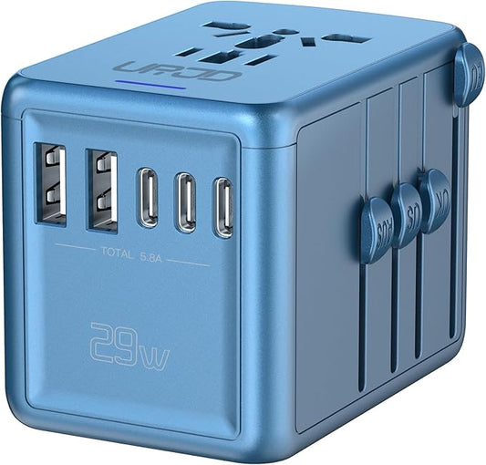 Universal Travel Adapter Offers 6.0A 3X 3.0A USB-C Ports, 2X 2.4A USB-A Ports and 2500W Multi AC Outlet, International Power Plug Adapter Worldwide Travel Charger for EU USA UK AUS (Blue)