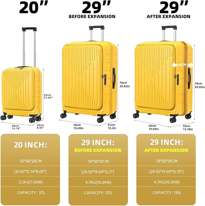 29 Inch Luggage with Expansion & Side Opening Design, 50 * 31(35)*76cm, 117L~133L Ligthweight ABS+PC Hardshell Checked Suitcase, Yellow