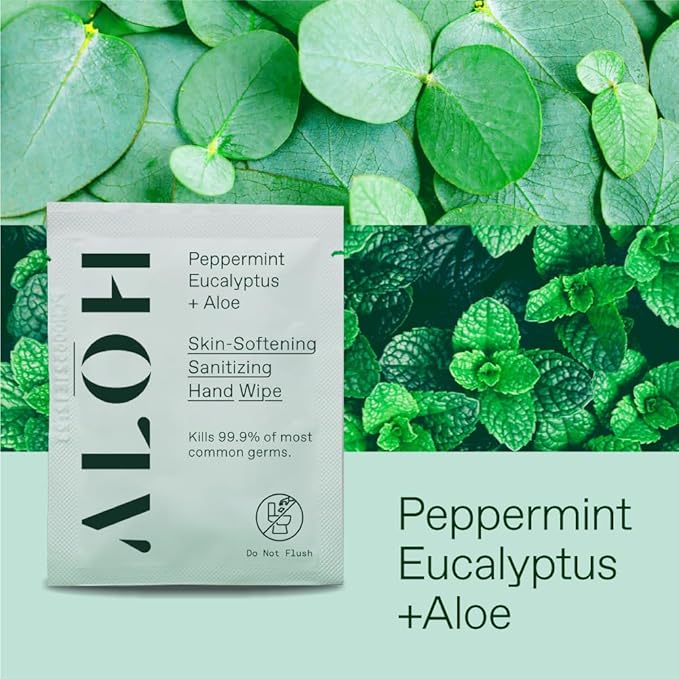 ALŌH Skin - Softening Sanitizing Hand Wipes - Peppermint Eucalyptus + Aloe (4 Boxes of 20 Individually Wrapped Wipes (80 wipes))