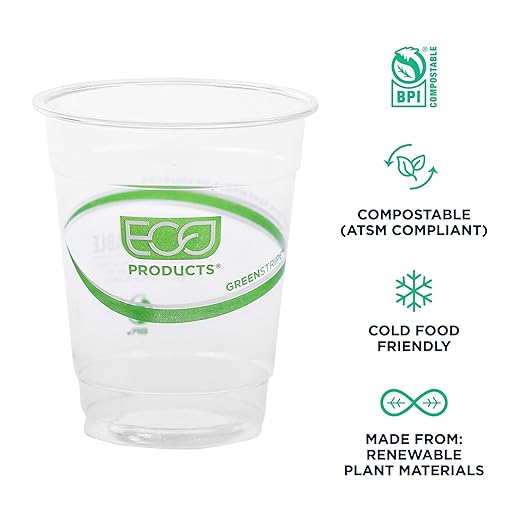 ECO PRODUCTS GreenStripe Clear Compostable 7oz PLA Plastic Cups, Case of 2000, Disposable Renewable Plant-Based Cold Cups, For Cold Drinks & Snacks, BPI Certified, ASTM Compliant.