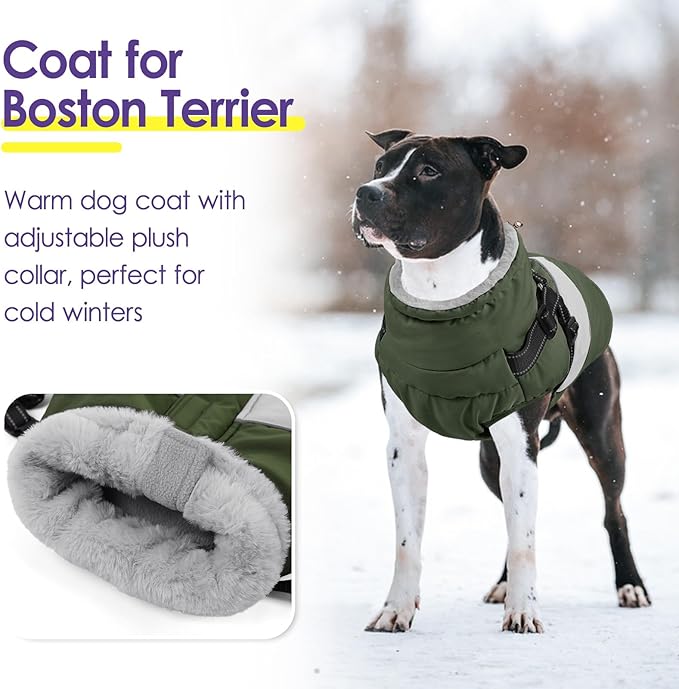 SUNFURA Small Dog Coat with Harness Built in, Warm Dog Jacket Winter with Zipper On Back, Waterproof Pet Snow Jacket Snowsuit Pet Sweater Clothes for Puppy, Army Green XS