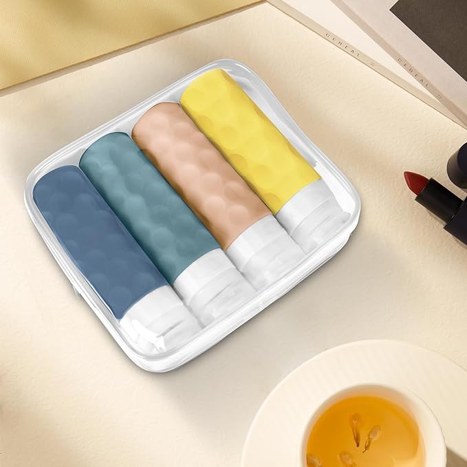 Travel Bottles for Toiletries, 4pcs Tsa Approved 3oz Travel Size Containers, BPA Free Leak Proof Premium Silicone Bottles, Refillable Liquid Squeezable Accessories W/Toiletry Bag(Bright)
