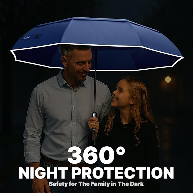 Royal Walk Windproof Folding Travel Umbrella Compact and Strong Luxurious Real Wood Handle Automatic Open Close Vented Double Canopy for Men and Women