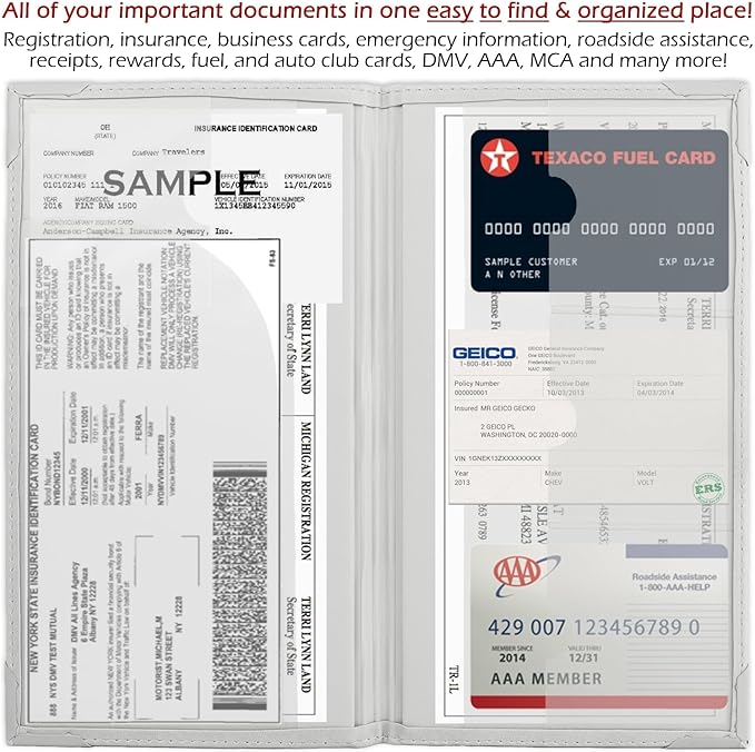 Auto Insurance and Registration Card Holder - Vehicle Glove Box Document Organizer - Car Essential Paperwork Holder for DMV, AAA, Contact Information Cards - Premium PU Leather Wallet Case - White