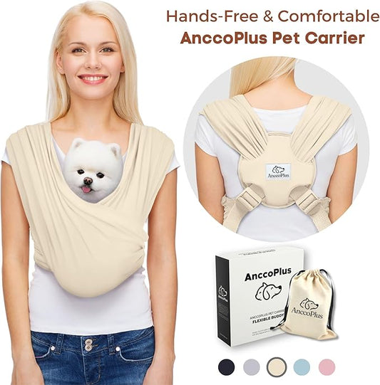 AnccoPlus Dog Carriers for Small Dogs, Front Facing Dog Sling Carrier, Hands Free Cat Carrier, Size Adjustable, Reducing Back Pain, Premium Cotton, Safe and Soft Dog Carrier (Regular, Beige)