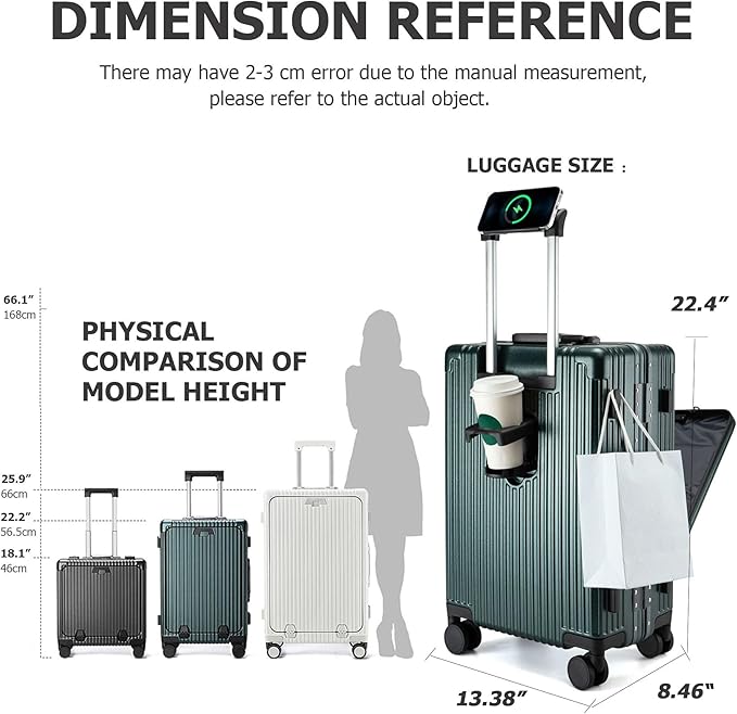 feilario 20in Aluminium Frame PC Hard Shell Spinner Wheels Luggage, Built-In TSA lock Carry on Suitcase, with Cup Holder, USB Port, Phone Holder