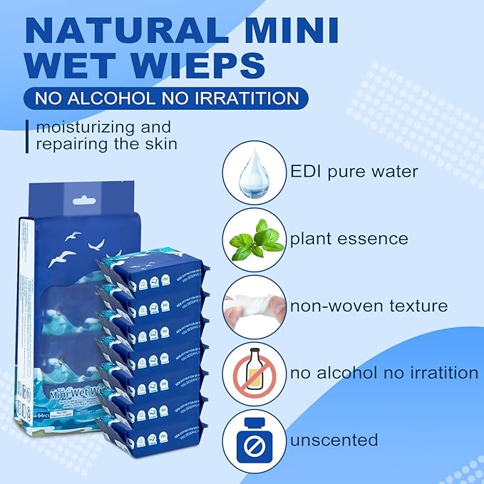 128 PCS Mini Wipes Wet Travel Size,Hand Wipes Travel Size for Adults, Kids & Babies,Unscented, Alcohol Free, Paraben Free for Wedding Travel Homeless Restaurant Barbecue 8 Count (Pack of 16)