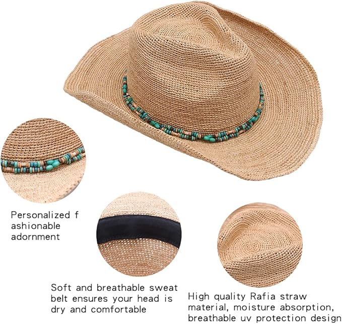 Raffia Straw Cowboy Hat,Women's Crocheted Summer Straw Hats, Classic Beach Sun Hats