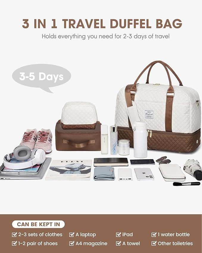Travel Duffle Bag Weekender for Women: Travel Duffel Bag Carry-On Overnight Bag with Shoe Compartment & Wet Pocket Large Weekend Tote Bag Gym Duffel Bag for Hospital Beige Brown