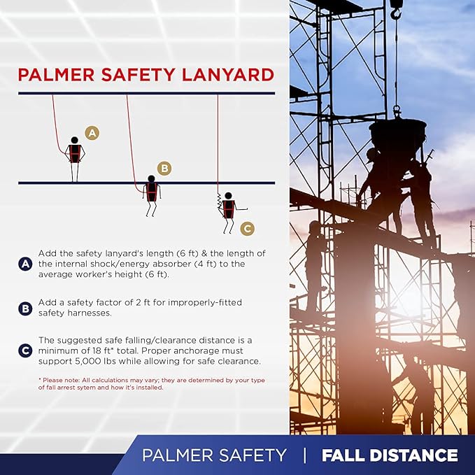 Palmer Safety ATERET L121133 4 Pack 6' Internal Shock Absorber Lanyard Single Leg w/ Snap Hook I OSHA/ANSI Compliant Restraint Lanyards I Ideal Use for Arborist, Roofer & Construction Workers