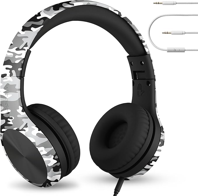 LilGadgets Connect+ Pro Wired Kids Headphones for School with Microphone, Volume Limiting Over-Ear Headset with Cord, SharePort Technology & SoftTouch Padding, Snow Camo