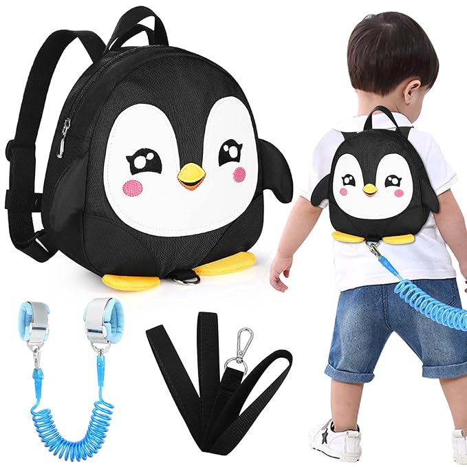 Accmor Toddler Harness Backpack Leash, Cute Penguin Kid Backpacks with Anti Lost Wrist Link, Mini Child Backpack Harness Leashes Walking Wristband Rope Travel Bag Harness Rein for Baby Girls (Black)