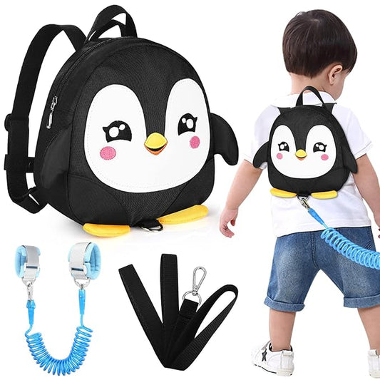 Accmor Toddler Harness Backpack Leash, Cute Penguin Kid Backpacks with Anti Lost Wrist Link, Mini Child Backpack Harness Leashes Walking Wristband Rope Travel Bag Harness Rein for Baby Girls (Black)