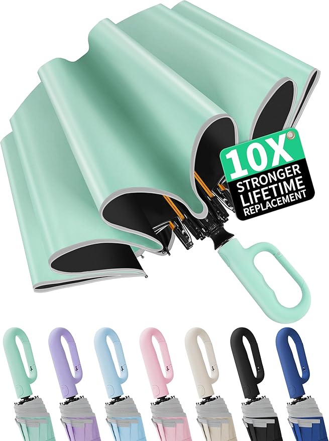 Seniny Travel Umbrella with Carabiner Handle, Windproof Large Umbrellas for Rain with Dual-Rib Structure, Portable Compact Umbrella with Reflective Strip, Car Backpack UV Umbrellas for Sun Protection