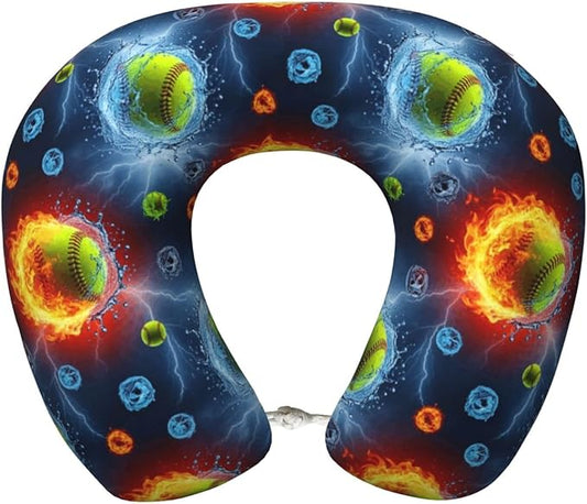 Travel Neck Pillow for Pain Relief Sleeping, Water Fire Flame Softball, Comfortable Memory Foam Chin Head Cushion Support with Zip Cover, Fashion Car Flight Pillows