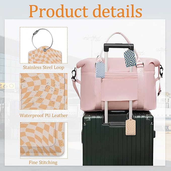 Colorful Wavy Checkered 3 Pack Luggage Tag for Suitcase, Unique Leather Travel Tags Identifiers with Privacy Name Address Labels & Durable Steel Loop for Women Men Travel