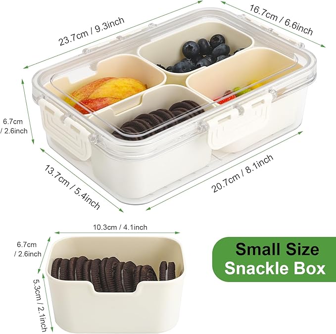 4 Compartment Snack Box Container Tray, Divided Serving Tray with Lid, Mini Small Snackle Box, Portable Charcuterie Container for Party, Picnic, Travel, Food Platter for Snack, Fruits, Veggies