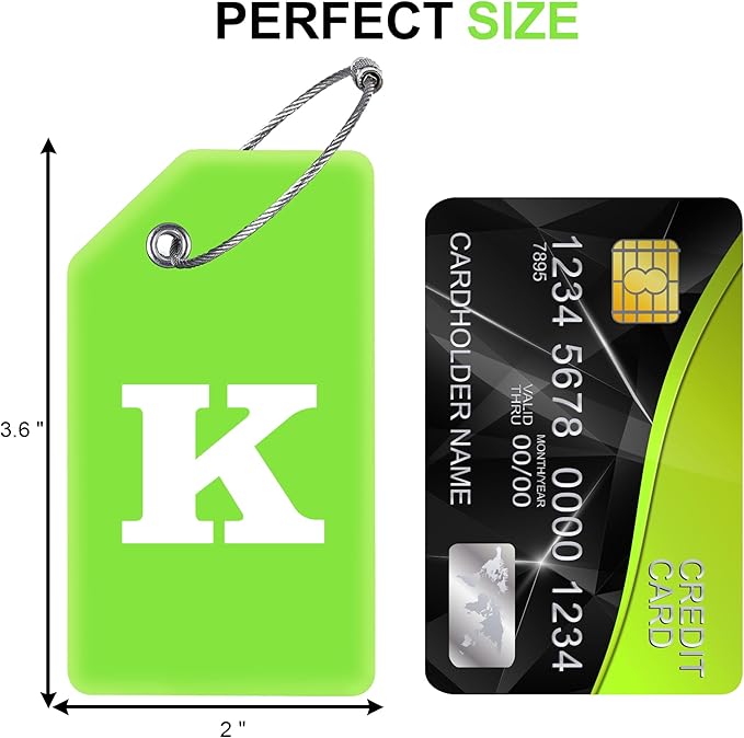 Gostwo 2 Pack Silicone Luggage Tags for Suitcases, 26 Initial Letter Baggage Labels Handbag School Bag Suitcase Instrument Tag with Stainless Steel Loop(Green)(Letter K)