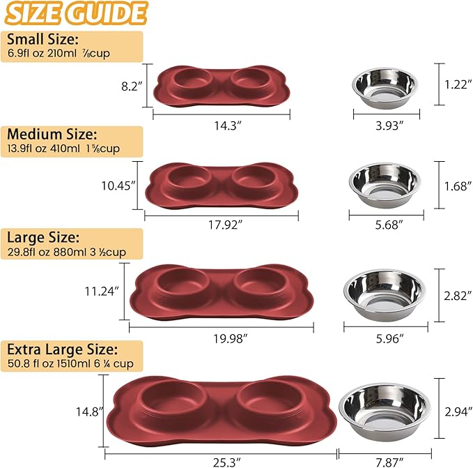 Hubulk Pet Dog Bowls 2 Stainless Steel Dog Bowl with No Spill Non-Skid Silicone Mat + Pet Food Scoop Water and Food Feeder Bowls for Feeding Small Medium Large Dogs Cats Puppies (Medium, Burgundy)