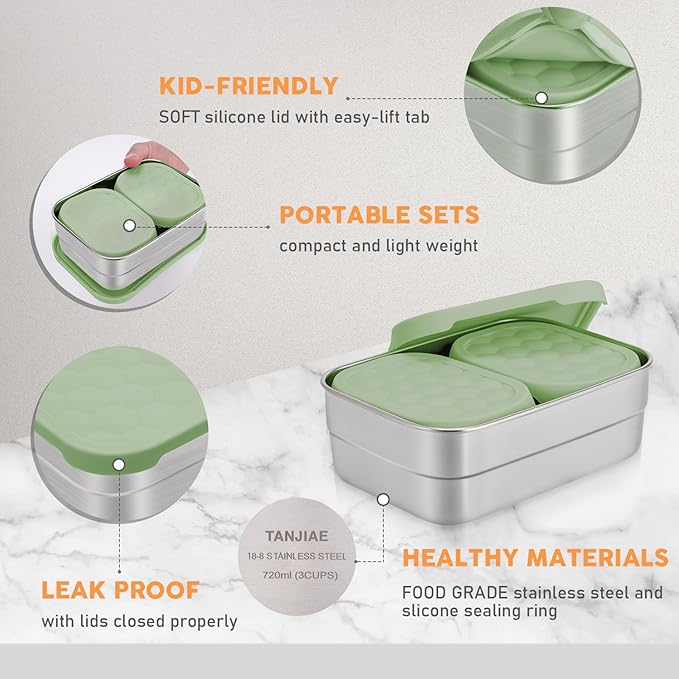 Stainless Steel Snack Containers for Kids | Easy Open Leak Proof Small Food Containers with Silicone Lids - Perfect Metal Toddler Lunch Box for Daycare and School (8oz)
