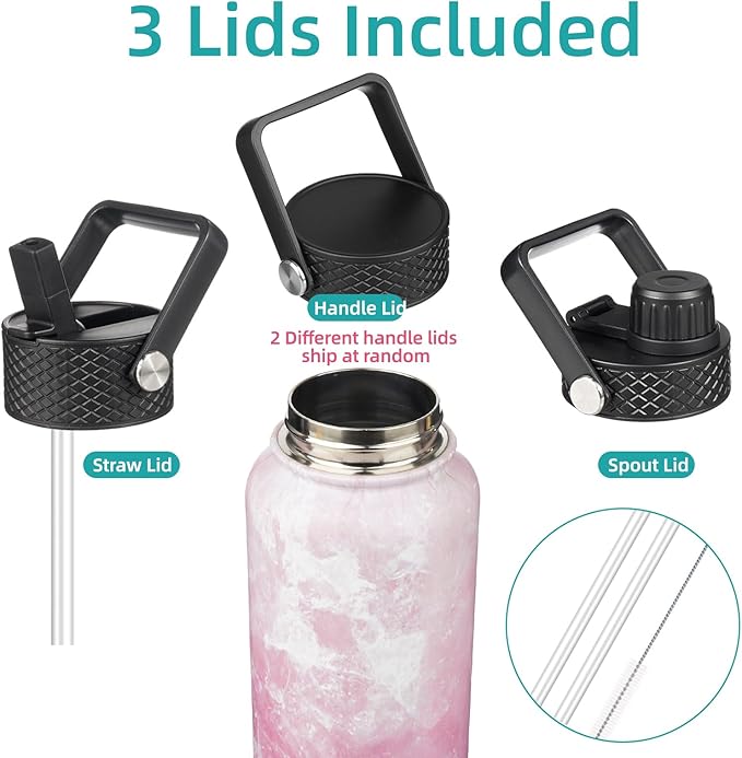 32 oz Insulated Water Bottle Stainless Steel Sport Bottles with 3 Lids,Marble Blossom