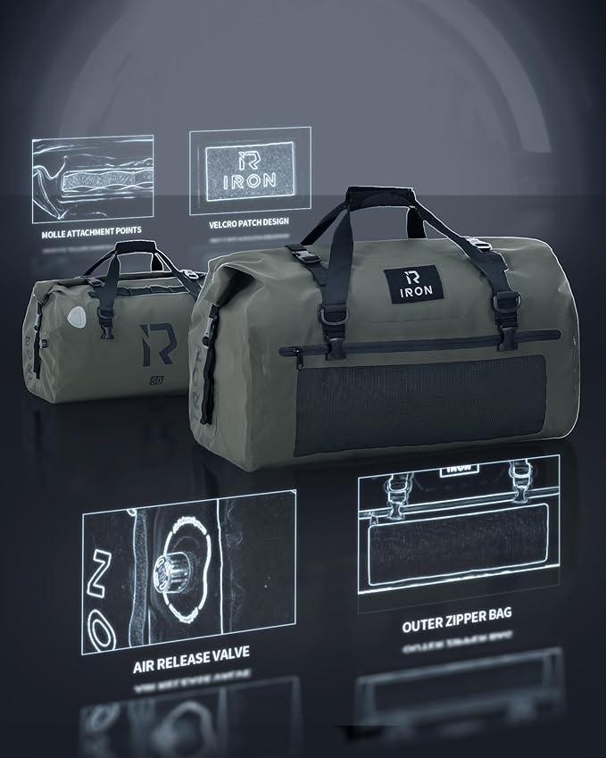 BORLENI Waterproof Motorcycle Dry Duffel Bag Luggage Tail Bag with Large Storage Space,Roll Top Closure, Shoulder Straps, Inner Pocket and Mesh Pocket for Motorcycling Travel Camping (Army Green,50L)