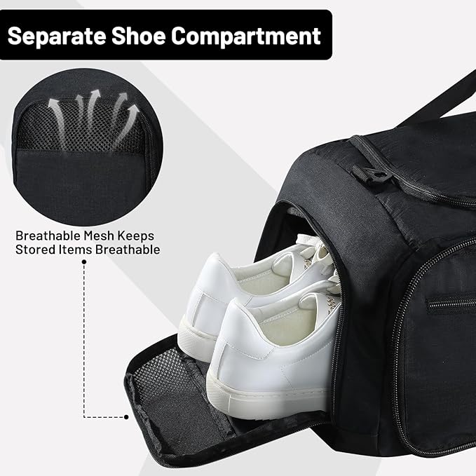 MIER Foldable Duffle Bag with Shoe Compartment 50L Travel Duffel Bags for Men Women Packable Overnight Bag for Camping Gym Weekender, Black