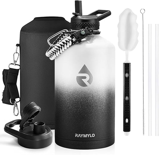 One Gallon Water Bottle Insulated, Triple Walled Vacuum Stainless Steel (Cold for 48 Hrs), Leak Proof & Non-BPA, Large Water Flask Jug with Paracord Handle & Straw Spout Lids