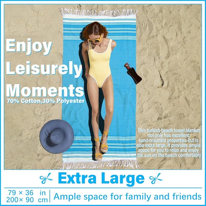 Thin Turkish Beach Towel Lightweight Soft Cotton Extra Large XL Oversized Sand Free Sandproof Absorbent Quick Dry Towels Cloud Bath Pool Travel Compact Essentials Accessories for Adult Gifts