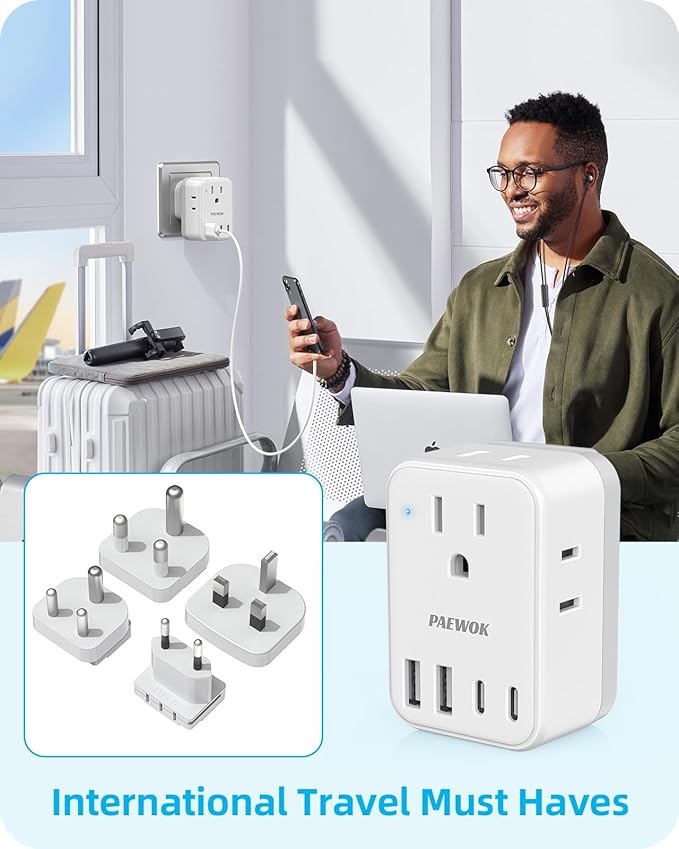 International Travel Adapter Set, US to UK/EU/South Africa/India Universal Power Adapter- 4 AC Outlets 4 USB Ports (2 USB C), Travel Plug Adapter Kit Include Type G/C/M/D Detachable Plug