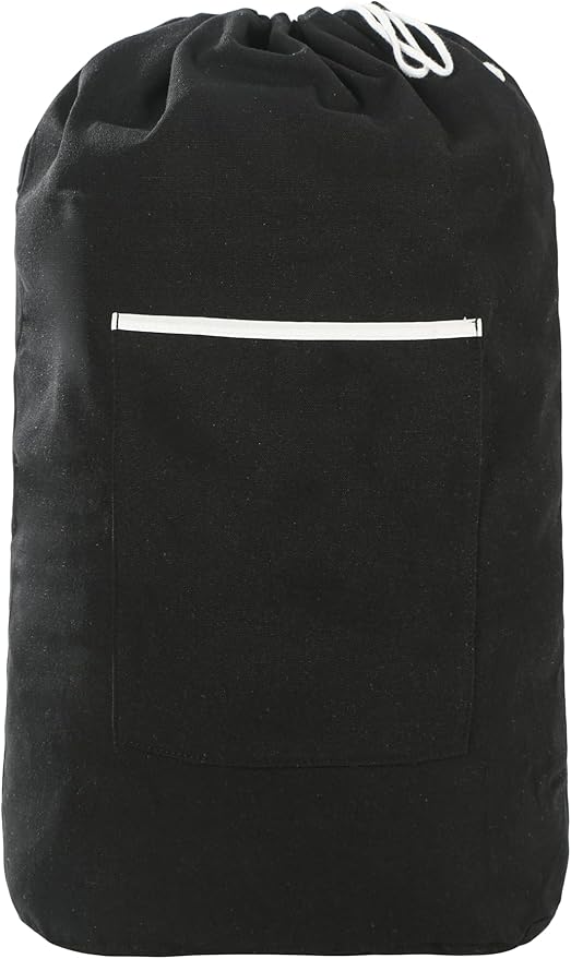 Canvas Laundry bag, Washable Laundry backpack, Adjustable Straps, Large Front Pocket, Drawstring Closure (BLACK, X-Large)