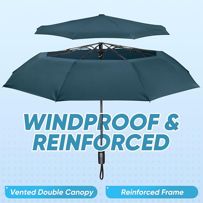 PTEROMY Windproof Compact Travel Umbrellas for Rain and Sun, Withstands 85MPH Winds Auto Open Close Folding Umbrella with Ergonomic Handle, Quick Dry Canopy for Commuting or Backpack