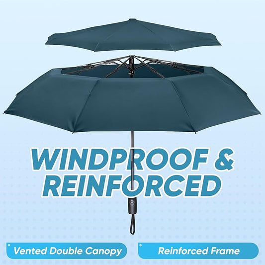 PTEROMY Windproof Compact Travel Umbrellas for Rain and Sun, Withstands 85MPH Winds Auto Open Close Folding Umbrella with Ergonomic Handle, Quick Dry Canopy for Commuting or Backpack