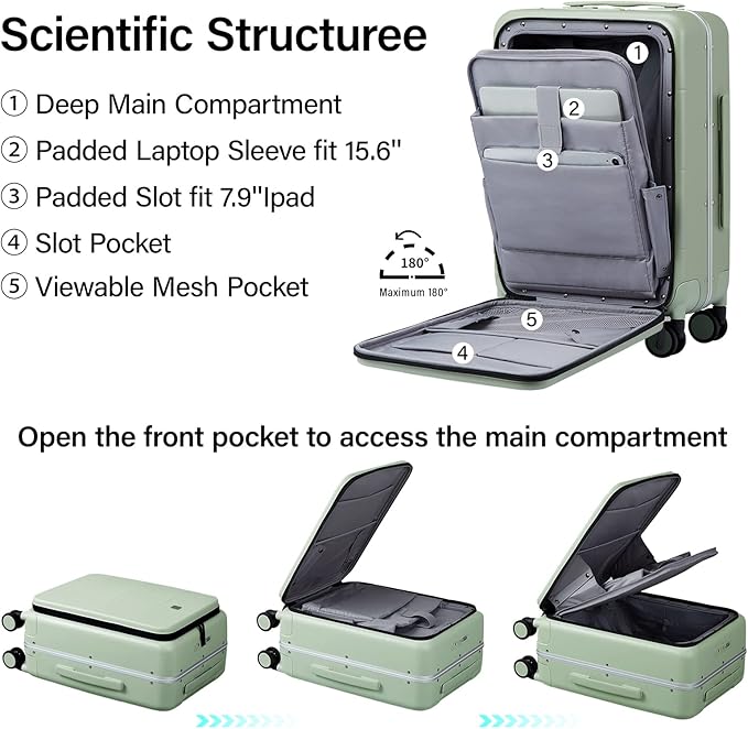 MILADA Carry On Luggage 22x14x9 Airline Approved Spinner Wheels TSA Luggage 20 Inch Hard Shell Suitcases Front Opening Pocket Rolling Aluminum Frame Travel Luggage, Bamboo Green