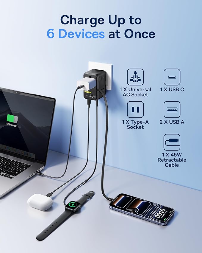 Baseus 45W European Travel Plug Adapter, 6-in-1 Universal Power Adapter with USB-C Retractable Cable, PD Fast Charging GaN International Travel Essentials for Over 200 Countries - Picogo AG11