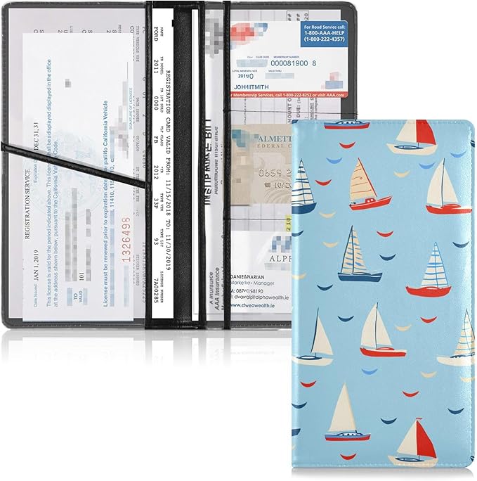 Boats Print Car Registration and Insurance Holder Leather Vehicle Document Glove Box Organizer for License Cards Accessories