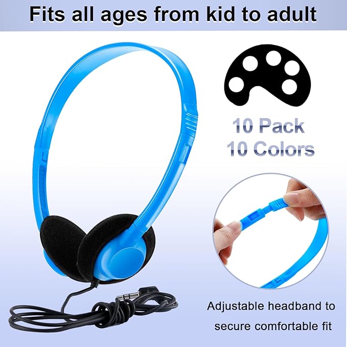 Yunsailing 10 Pack Bulk Headphones Set Over Ear Headphones with Adjustable Headband 3.5mm Plug Headsets Earphones for Learning Program, Computer Lab, Library, Testing & Multimedia Use (Vibrant Color)